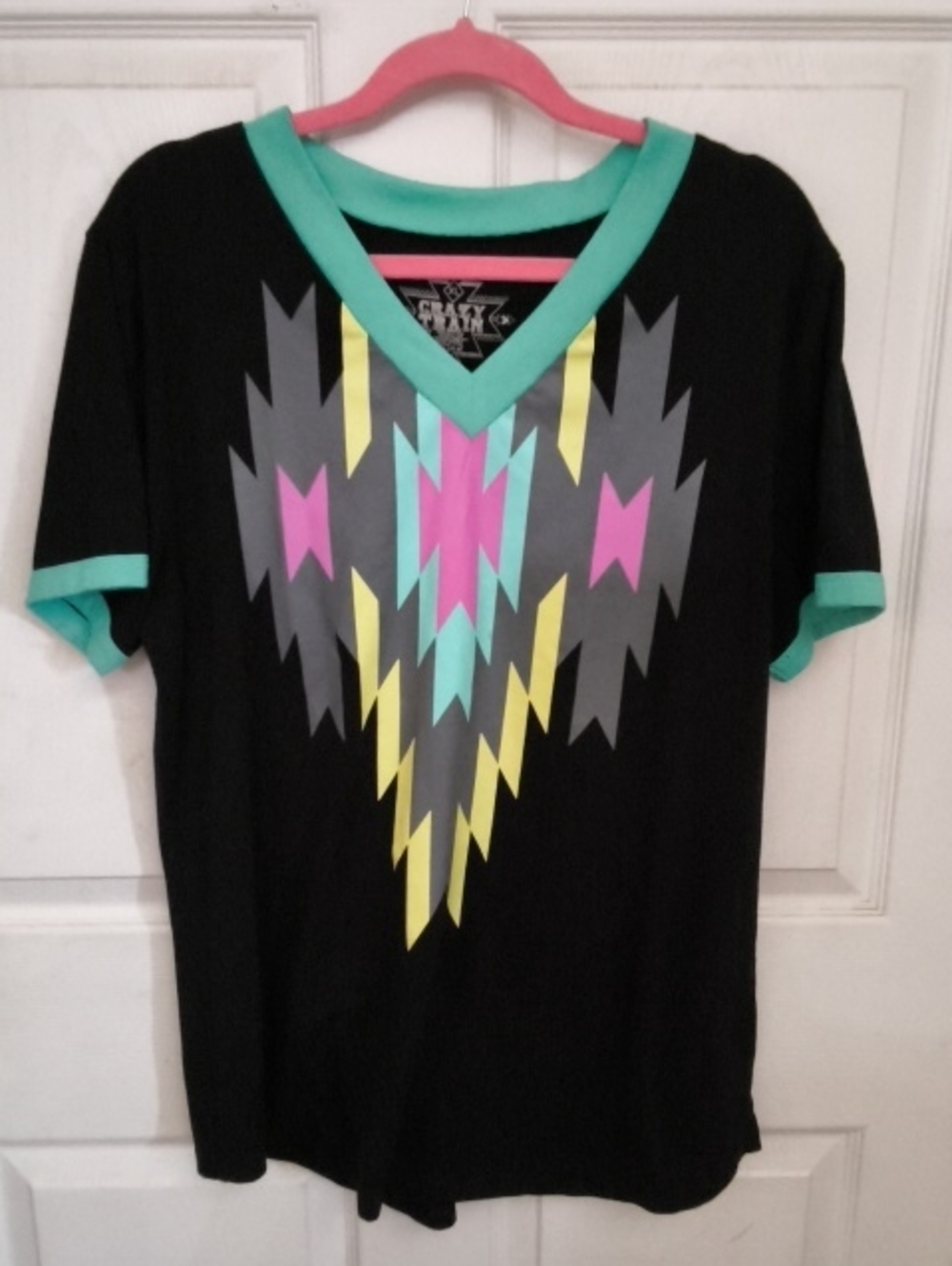 Crazy Train Black V-Neck Tee with Mint Trim and Neon Geometric Graphic